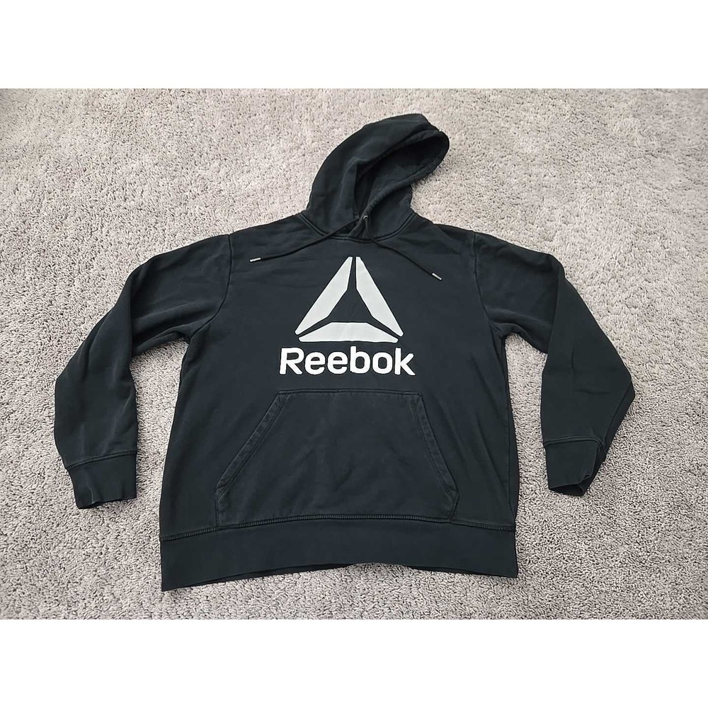 Reebok Hoodie Mens L Black Pullover Drawstring Delta Logo Fitness Activewear